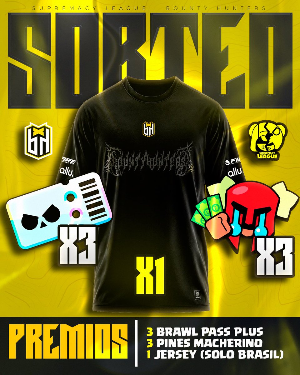 CR_Supremacy's tweet photo. 🟡 𝐍𝐄𝐖 𝐆𝐈𝐕𝐄𝐀𝐖𝐀𝐘 🎁

To celebrate @bhbountyhunters becoming the new Supremacy League champions, we’re bringing an amazing giveaway for the community! 🎁

🏅 Prizes (7 Winners):
🇧🇷 1x Bounty Hunters Jersey (Shipping anywhere in Brazil)
📍 3x Matcherino Pins
🎮 3x Brawl Pass Plus

How to enter:
✅ Like & RT this post
✅ Follow @CR_Supremacy
✅ Follow @bhbountyhunters
✅ Follow @8Viruss_
✅ Follow @Kaiki_BS
✅ Comment #SMCYSA3

📅 Winners will be announced on July 15.

Good luck to everyone! 🍀

#SMCY2026 #BrawlStars #Giveaway