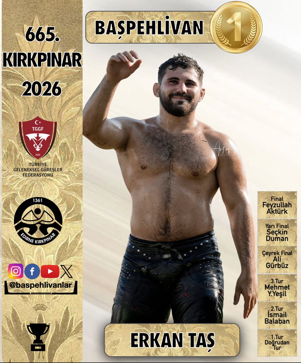 baspehlivanlar's tweet photo. 🏆 665. KIRKPINAR BAŞPEHLİVANI ERKAN TAŞ OLDU

🤼‍♂️ Finalde rakibi Feyzullah Aktürk’ü mağlup eden Erkan Taş, 665. Tarihi Kırkpınar Yağlı Güreşleri Başpehlivanı oldu.

👑 Kariyerinin ilk Kırkpınar Başpehlivanlığını kazanan Erkan Taş, altın kemerin yeni sahibi olurken faal güreşçiler arasında 9. kemerli başpehlivan unvanını aldı.

🏆 ▶️ Edirne 665. Tarihi Kırkpınar Yağlı Güreşleri ❗
📍 Kırkpınar Sarayiçi Er Meydanı
🗓️ 3-4-5 Temmuz 2026

👏 Erkan Taş’ı tarihi başarısından dolayı tebrik ediyor, finalde mücadele eden Feyzullah Aktürk’ü de gösterdiği performans için kutluyoruz.

#Kırkpınar  #ErkanTaş #FeyzullahAktürk #Başpehlivan