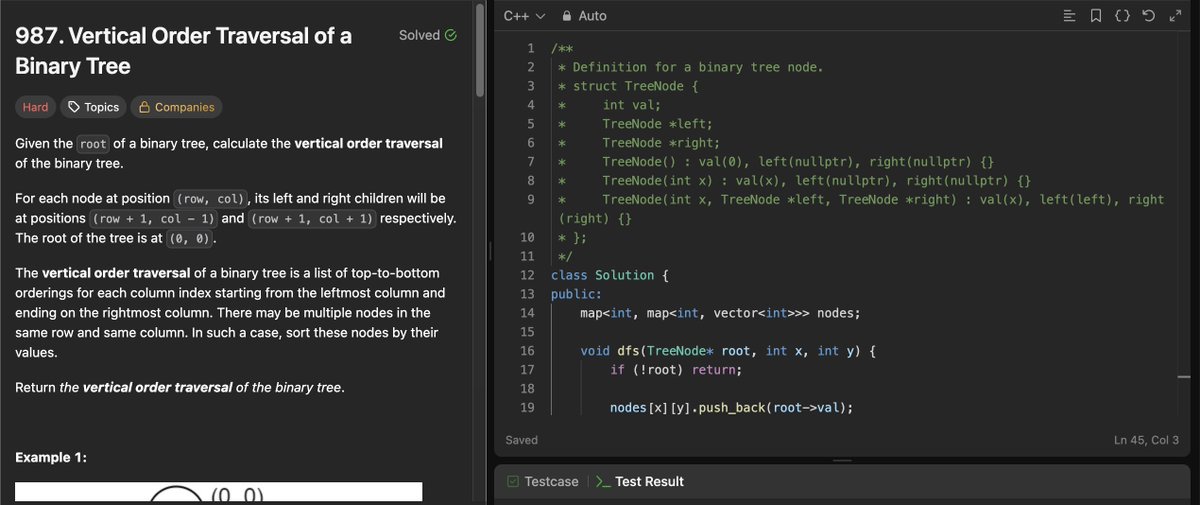 Vector_Nomad's tweet photo. Day 35/45 of the #SDESheetChallenge by @takeUforward_ completed! 

Solved 4 Binary Tree problems today:

🔹 All Traversals in One Traversal
Pattern: Iterative DFS + Stack + Node State
Key Idea: Store each node with a state (1, 2, or 3) to generate preorder, inorder, and postorder in a single traversal.
T.C: O(N) | S.C: O(N)

🔹 Vertical Order Traversal
Pattern: DFS + Coordinate Mapping
Key Idea: Assign each node a column and row, group nodes by coordinates, and sort nodes sharing the same position.
T.C: O(N log N) | S.C: O(N)

🔹 Root to Leaf Paths
Pattern: DFS + Backtracking
Key Idea: Build the current path during DFS and store it whenever a leaf node is reached.
T.C: O(N × H) | S.C: O(H)

🔹 Maximum Width of Binary Tree
Pattern: Level Order Traversal + Indexing
Key Idea: Assign virtual indices to nodes as if the tree were complete and calculate the width between the first and last node at every level. Normalise indices to prevent overflow.
T.C: O(N) | S.C: O(N)

Binary Tree problems become much easier when you identify what information must travel with each node:
→ State for multiple traversals
→ Coordinates for vertical traversal
→ Path for root-to-leaf problems
→ Index for width calculation

#DSA #LeetCode