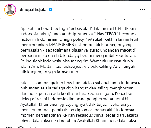 ferrykoto's tweet photo. Bakal ramai ini. 

Keheranan (tepatnya kritik?) Bang Dino Patti Djalal terhadap sikap Indonesia, sebagai negara muslim terbesar, yang tidak mengirimkan delegasi ke pemakaman almarhum Ayatollah Khamenei.

Dugaan saya sih, takut ke AS. Takut dianggap bersebrangan dgn AS. https://t.co/IHNqihzF3J