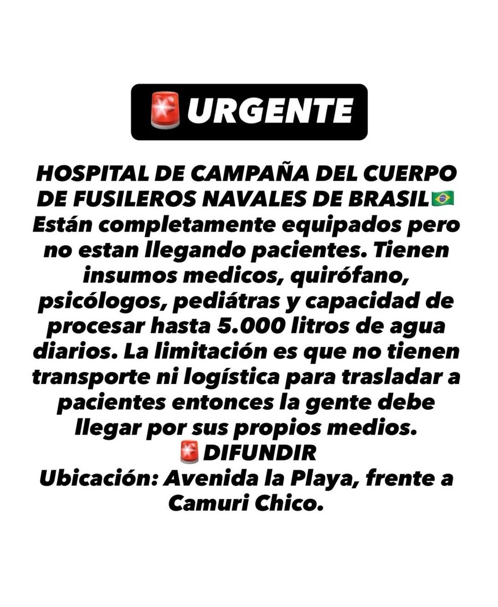 TAMARA_SUJU's tweet photo. #Venezuela.📢↪️  Atencion: me envian esta informacion:  al Hospital de Campaña instalado por  Fusileros Navales de Brasil que esta completamente equipado no estan llegando pacientes.  Ellos no tienen transporte ni logistica para los traslados

Estan en la Av. LA PLAYA  frente a Camuri Chico.. 👇 pasen la voz 📢