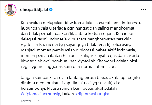 ferrykoto's tweet photo. Bakal ramai ini. 

Keheranan (tepatnya kritik?) Bang Dino Patti Djalal terhadap sikap Indonesia, sebagai negara muslim terbesar, yang tidak mengirimkan delegasi ke pemakaman almarhum Ayatollah Khamenei.

Dugaan saya sih, takut ke AS. Takut dianggap bersebrangan dgn AS. https://t.co/IHNqihzF3J