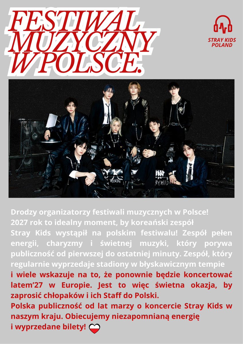 StrayKidsPL's tweet photo. 🇵🇱| Drodzy organizatorzy festiwali muzycznych w Polsce! 2027 rok to idealny moment, by @Stray_Kids wystąpili na polskim festiwalu!🎤

@opener_festival | @OrangeWarsaw 
#StrayKids #スキズ #스트레이키즈 https://t.co/pfboNkrIe5