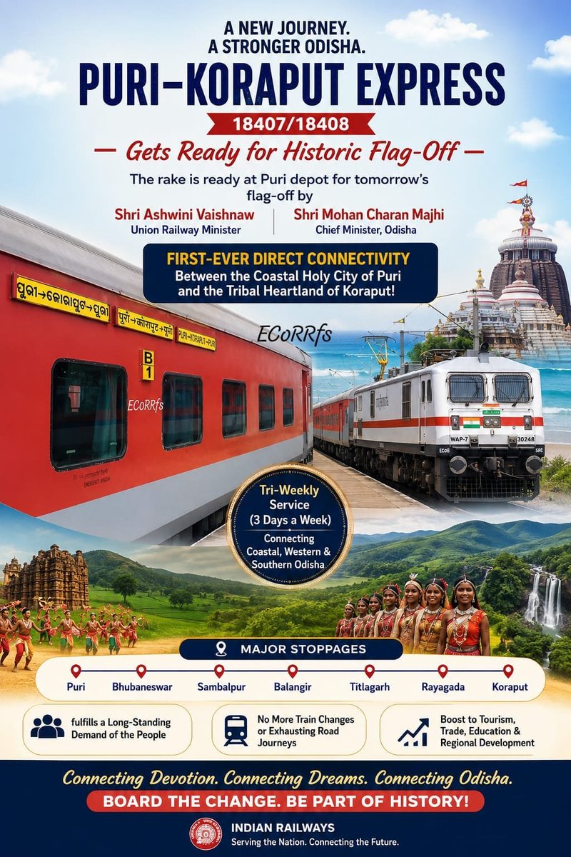 ecor_railfans's tweet photo. Puri-Koraput Express (18407/18408) Gets Ready for Historic Flag-Off

The rake for the much-awaited #Puri - #Koraput Express is getting ready at the Puri depot for tomorrow's official flag-off by Shri @AshwiniVaishnaw and Odisha Chief Minister Shri @MohanMOdisha 

#IndianRailways https://t.co/Tok5PUzBfH