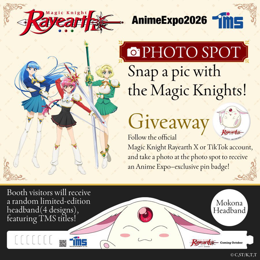 rayearth_info's tweet photo. ⚔️Anime Expo 2026 Last Day⚔️

Today's your last chance to visit the TMS Booth (#2324, West Hall)‼️

📸 Take photos with the Magic Knights
🎁 Follow the official X or TikTok + snap a pic to get an exclusive AX pin!

Don’t miss it! 👀🔥 https://t.co/VViRyDXwyN