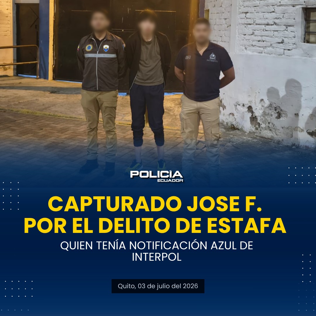 PoliciaEcuador's tweet photo. CAPTURAMOS A JOSÉ F., QUIEN REGISTRABA NOTIFICACIÓN AZUL DE INTERPOL Y ERA REQUERIDO POR ESTAFA

La #PolicíaEcuador, mediante acciones investigativas desarrolladas en coordinación con #INTERPOL, detuvo en el Aeropuerto Internacional Mariscal Sucre, en #Quito, a José F., requerido por la justicia ecuatoriana por el delito de estafa.

El ciudadano registraba una Notificación Azul de #INTERPOL y fue capturado al intentar ingresar al país, tras ser ubicado en #España. Según las investigaciones, habría captado USD 52.800 bajo la promesa de una supuesta inversión segura en la bolsa de valores.

El detenido fue puesto a órdenes de la autoridad competente para continuar con el debido proceso.

#ServirYProtegerConFirmeza