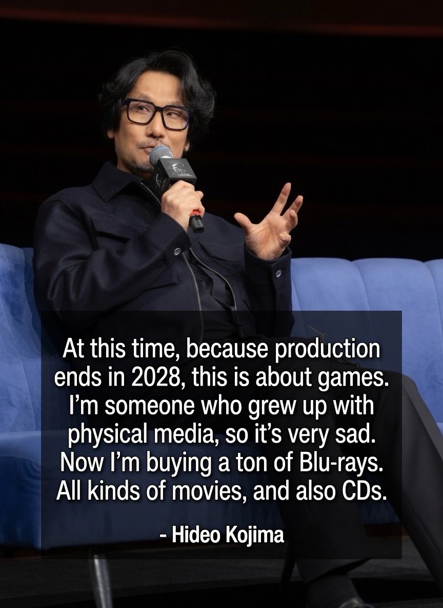 SuperSisi's tweet photo. In Rome, Hideo Kojima was asked about Sony’s recent announcement to discontinue physical media

“At this time, because production ends in 2028, this is about games. 

I’m someone who grew up with physical media, so it’s very sad. 

Now I’m buying a ton of Blu-rays. 
All kinds of movies, and also CDs.”