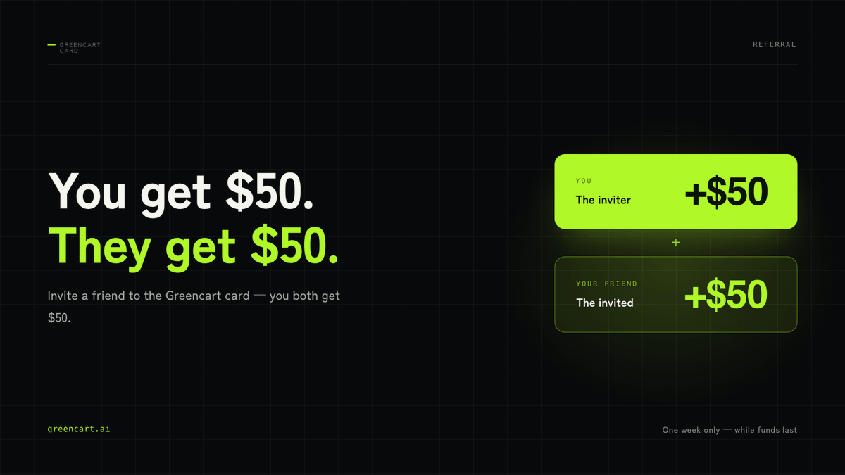 greencartai's tweet photo. 🚨 Referral Bonus Boost is LIVE. 🚨

For the next 7 days (or until the reward pool runs out), we're offering our biggest referral bonus yet.

💸 You get $50
💸 Your friend gets $50

To qualify, your friend simply needs to:
✅ Join the Greencart Card using your referral.
✅ Spend at least $50 across 3 transactions.

That's it.

Now is the perfect time to invite your friends and family. Your referral link is waiting for you in the Greencart app.

⏳ Ends in one week or when the reward pool is exhausted.