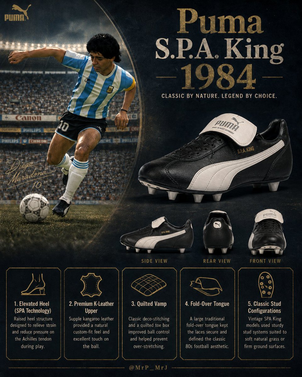 MrP_MrJ's tweet photo. Puma S.P.A. King 1984๐ฉ๐ช
Recreated for PES and inspired by Maradona, Cruyff, Matthaus, Pele, Kempes and more!
Premium K-leather, elevated heel, quilted vamp and classic fold-over tongue.
Available now ๐
https://t.co/YP6OBd1gqu
#PumaKing #Maradona #RetroFootball #PESMods https://t.co/WE7IJZSnQz