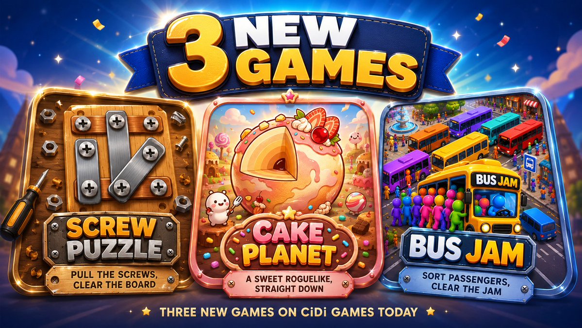 PlayCiDi's tweet photo. Three new games on CiDi Games today:

🔩 Screw Puzzle · pull the screws, clear the board
🍰 Cake Planet · a sweet roguelike, straight down
🚌 Bus Jam · sort passengers, clear the jam

Two built by devs through our Developer Center.

Jump in and find your next favorite. 🎮 https://t.co/l1iKpaeOCD