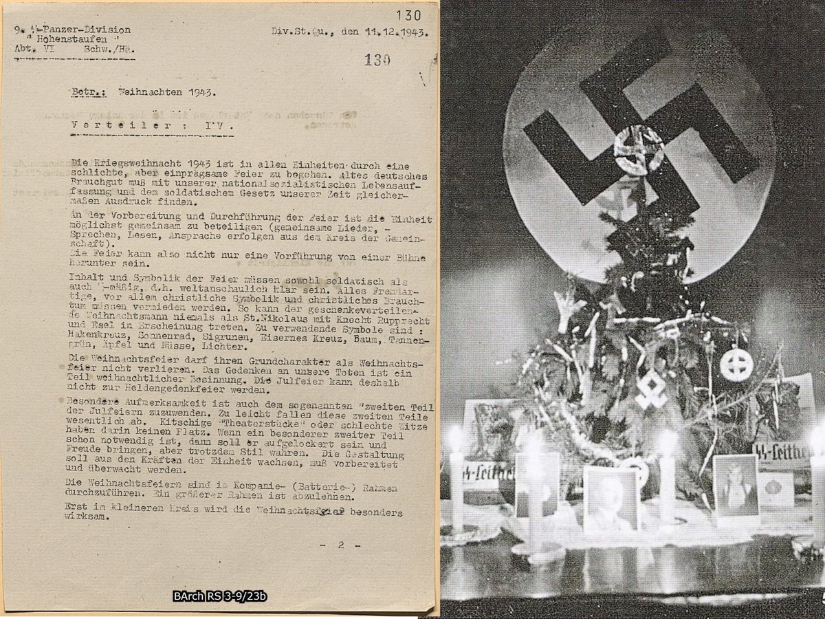 Ehrenkrieg2's tweet photo. There should be NO Christian symbolism within SS Christmas celebrations.‼️
________________________

The commander of the SS division "Hohenstaufen" wrote to his men on the need for Christmas to have a Germanic expression and not a Christian one:   

"Christmas 1943, during the war, is to be celebrated in all units with a simple yet memorable ceremony. Traditional German customs must be expressed in harmony with our National Socialist worldview and the military code of our time. 

The unit should participate as much as possible in the preparation and execution of the ceremony (songs, speeches, readings, and addresses will be given by members of the unit). The ceremony cannot simply be a performance from a stage. The content and symbolism of the ceremony must be clear from both a military and ideological perspective. All foreign elements, especially Christian symbolism and customs, must be avoided. 

Thus, the gift-distributing Santa Claus can never appear as St. Nicholas with Knecht Ruprecht and a donkey. Symbols to be used include: the swastika, the sun wheel, Sig runes, the Iron Cross, a tree, fir branches, apples and nuts, and lights."
__________________________

Source:

BArch RS 3-9/23b SS-Panzer-Division "Hohenstaufen" Abt. VI Schw./Hä. Div. St.Qu., den 11.12.1943 Betr.: Weihnachten 1943 Verteiler: IV p.262

https://t.co/6SxskF9qYa

NS Heathenry:

https://t.co/X9lkHl7Ls7