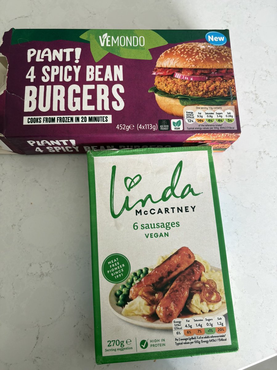 Jklunden's tweet photo. There were vegans in my house awhile back and I found these in the freezer.  Does anyone know why a vegan, who doesn't like meat, wants to eat fake meat? Why not just stick with fruit and veg not a pseudo burger or sausage? https://t.co/klTQEVJv75