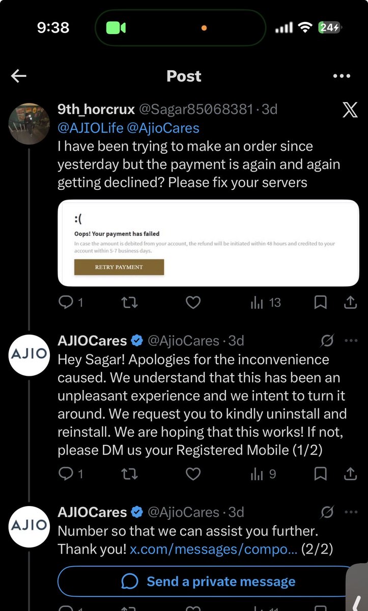 Sagar85068381's tweet photo. @AJIOLife @AjioCares its been days since i am facing this and no solution has been provided. Recently i added gift card word 1460 in ajio wallet and my money is stuck. It is literally joke that you guys are not providing any solution. Either fix it or refund me my money https://t.co/3z60kr0JXF