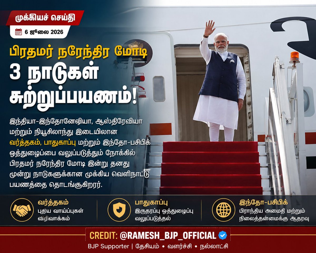 Boopathisvb's tweet photo. 🇮🇳 பிரதமர்
இந்தியா–இந்தோனேசியா, ஆஸ்திரேலியா மற்றும் நியூசிலாந்து இடையிலான வர்த்தகம், பாதுகாப்பு மற்றும் இந்தோ-பசிபிக் ஒத்துழைப்பை வலுப்படுத்தும் நோக்கில் பிரதமர் நரேந்திர மோடி இன்று தனது மூன்று நாடுகளுக்கான முக்கிய வெளிநாட்டு பயணம் 
#NarendraModi #India #Diplomacy #IndoPacific https://t.co/rlhuHflFRN