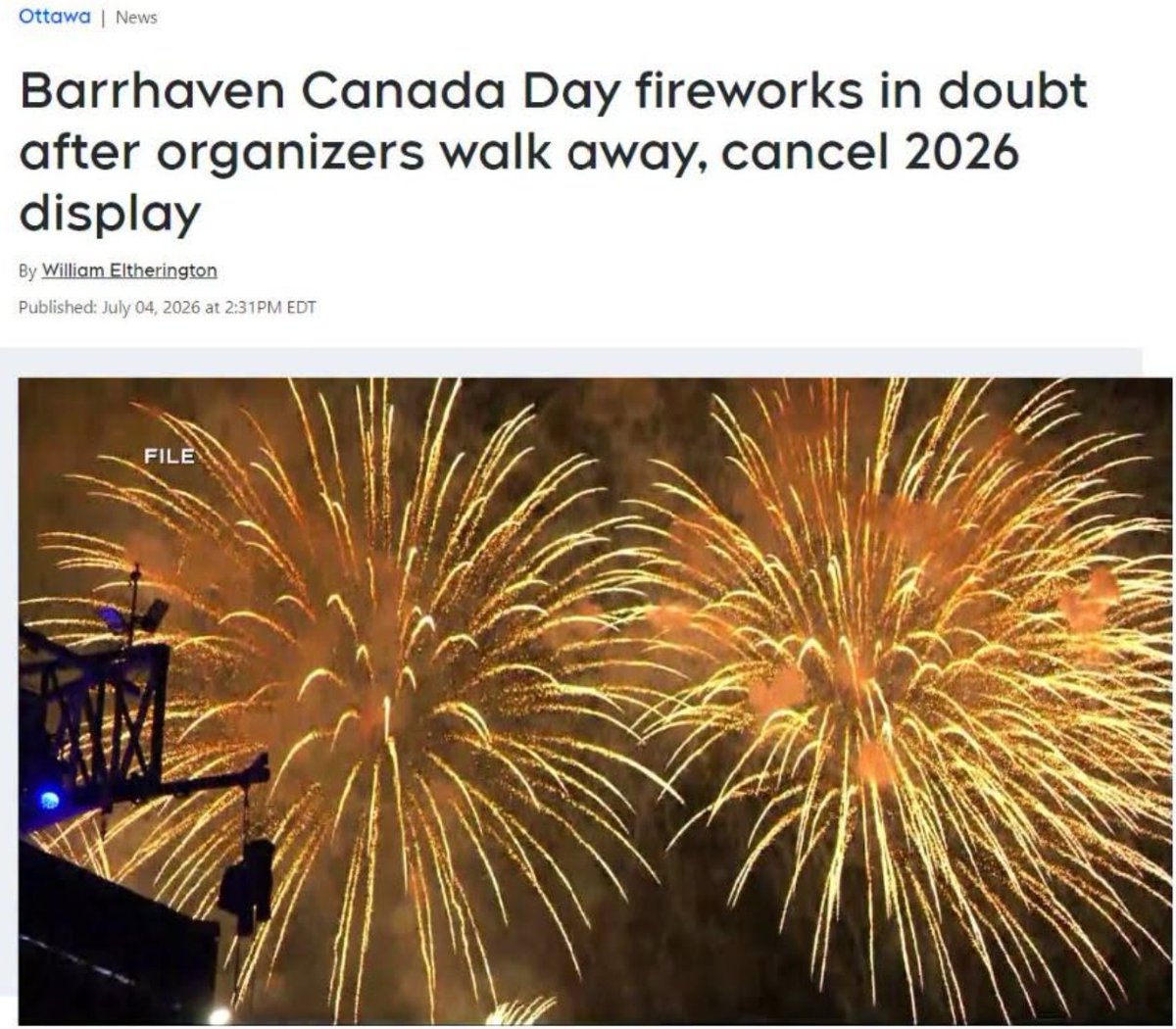 Tablesalt13's tweet photo. ‼️Holy crap - CONFIRMED -- Crazy irony

MARK CARNEY's own riding is cancelling their Canada Day fireworks FOREVER

because the volunteers are "over 70 years old now" .. and "no one new is stepping forward"

Barrhaven has one of the highest immigrant populations in Canada! https://t.co/Ib3v5yzup5