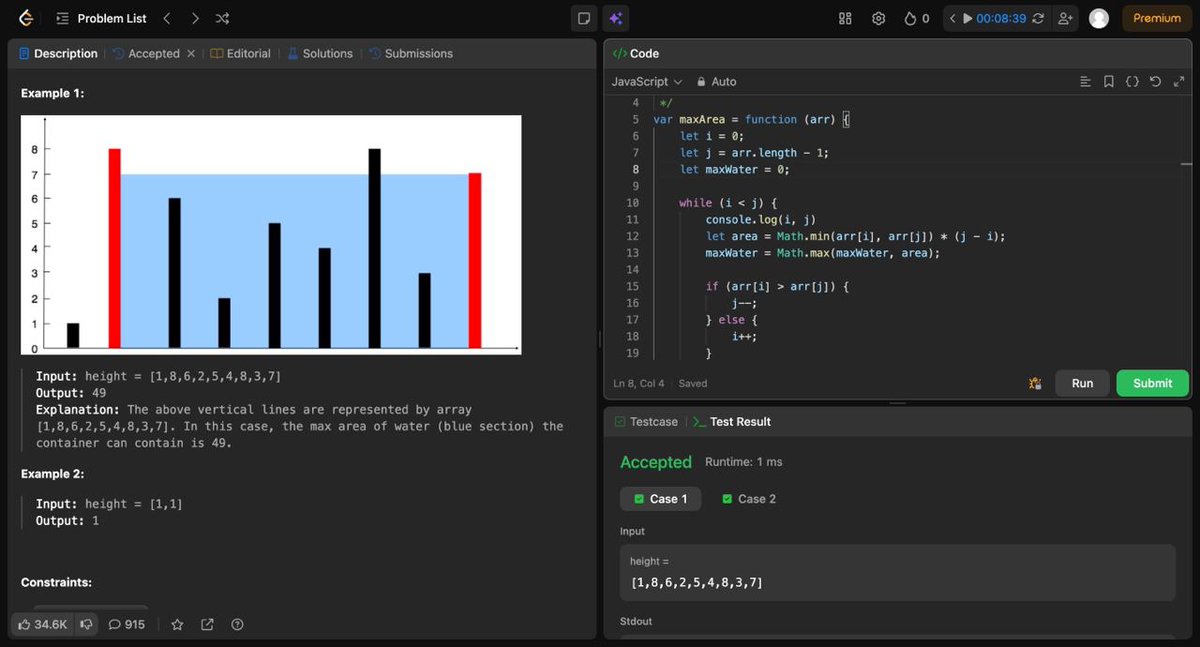 ArjunReactpanda's tweet photo. π Day 8/365 β DSA
Solved β
LC 11 β Container With Most Water
π‘ Biggest learning:
Two Pointers isn't just about using two indicesβit's about making the right greedy decision.
Pattern: Two Pointers + Greedy
Time: O(n) | Space: O(1)
#365DaysOfCode #LeetCode #DSA #NamasteDev https://t.co/PQ5pJzTR7A