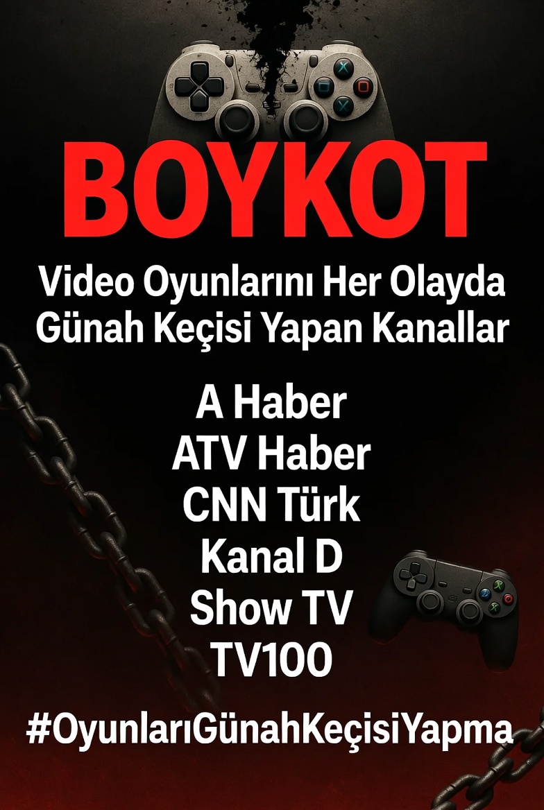 AydemirBer73043's tweet photo. Hatırlatma!
Video oyunları suça sürükler.
diye algı yapan TV kanallarını tekrar boykotluyoruz!
Unutma, unutturma!
#OyunYasasınıReddediyoruz #OYUNUMADOKUNMA https://t.co/FcMmbool0x