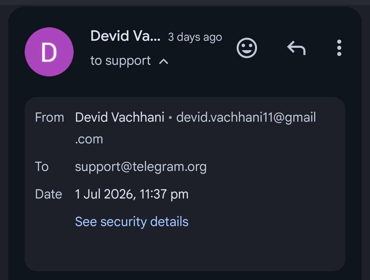 Devpatel1888's tweet photo. @telegram @durov When get reply from customer support 🤔 https://t.co/tXcWxFHkNw