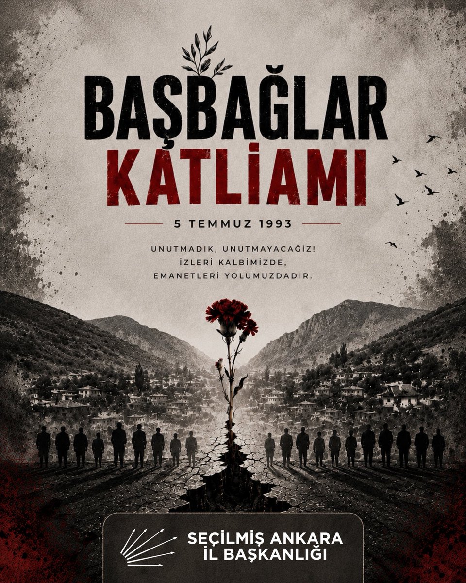 ozgurankaraorg's tweet photo. 5 Temmuz 1993…
Başbağlar’da katledilen 33 vatandaşımızı rahmet, saygı ve özlemle anıyoruz.

Acının dili, kimliği ve inancı olmaz. Toplumumuzun hafızasında derin izler bırakan bu karanlık saldırıyı unutmadık, unutturmayacağız.

Bir daha hiçbir yurttaşımızın benzer acılar yaşamaması; barışın, adaletin ve toplumsal huzurun egemen olduğu bir Türkiye için mücadelemizi sürdüreceğiz.

Başbağlar’ı unutmadık. Unutturmayacağız.