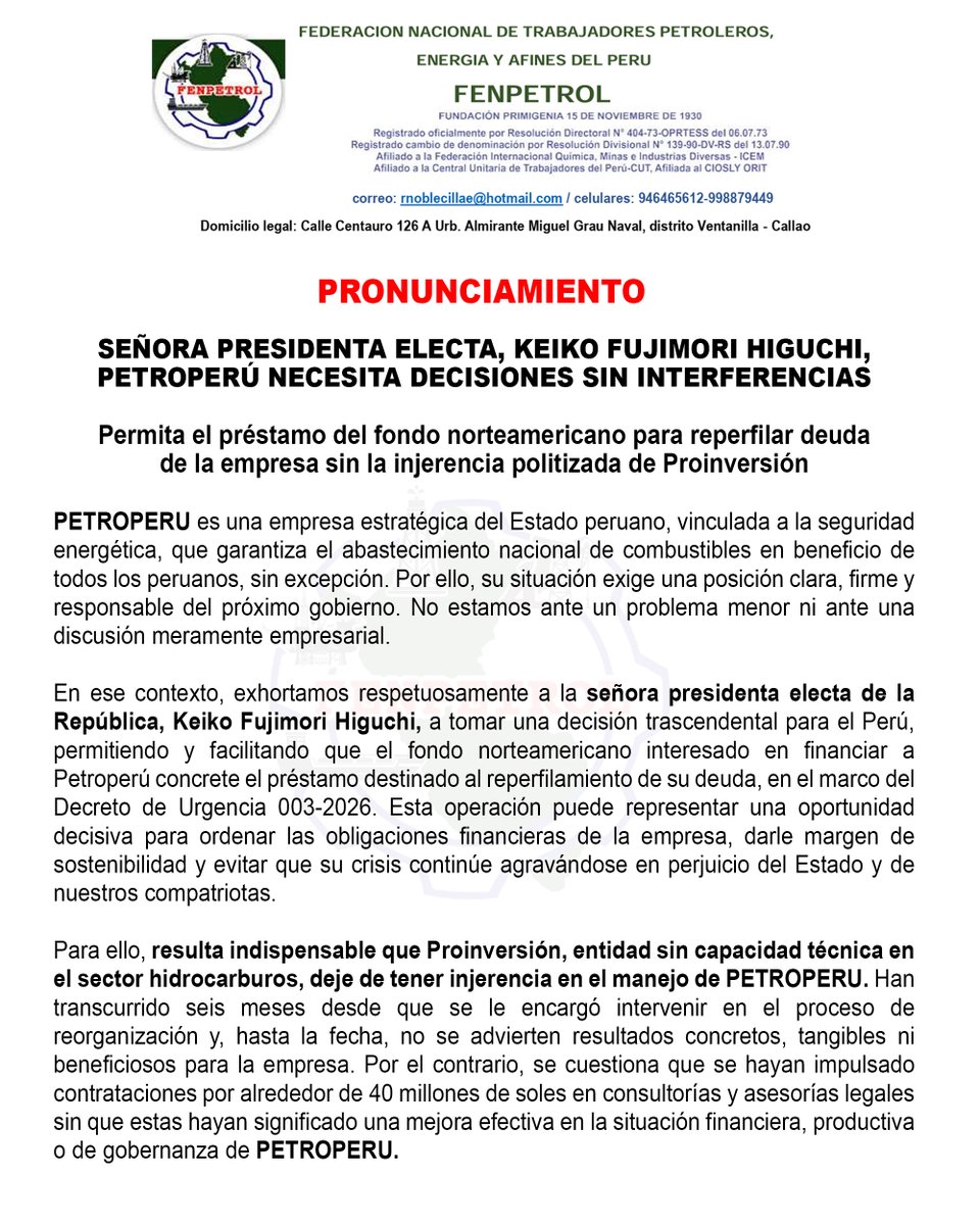 fenpetrolperu's tweet photo. 𝗣𝗥𝗢𝗡𝗨𝗡𝗖𝗜𝗔𝗠𝗜𝗘𝗡𝗧𝗢: 
"SEÑORA PRESIDENTA ELECTA, KEIKO FUJIMORI HIGUCHI, PETROPERÚ NECESITA DECISIONES SIN INTERFERENCIAS"
Permita el préstamo del fondo norteamericano para reperfilar deuda de la empresa sin la injerencia politizada de @ProInversionPe  cc:@RPPNoticias https://t.co/wO5iIWRDWx