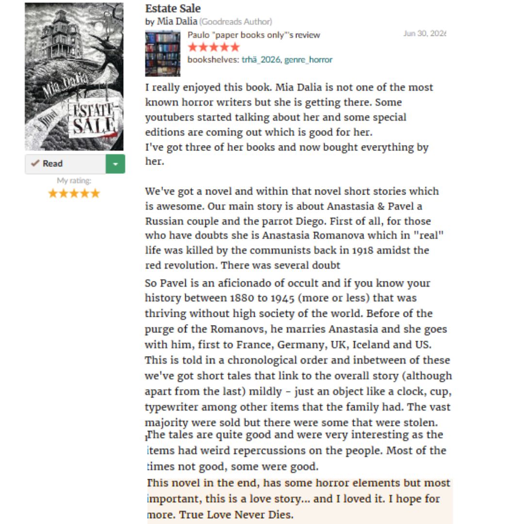 Dalia_Verse's tweet photo. A lovely new review for Estate Sale, all the way from Portugal :)

Available at Lethe Press and wherever books are sold!

#miadalia #daliaverse #EstateSale #horror #hauntedobjects #historicalfiction #occult https://t.co/b4x79qkr1G