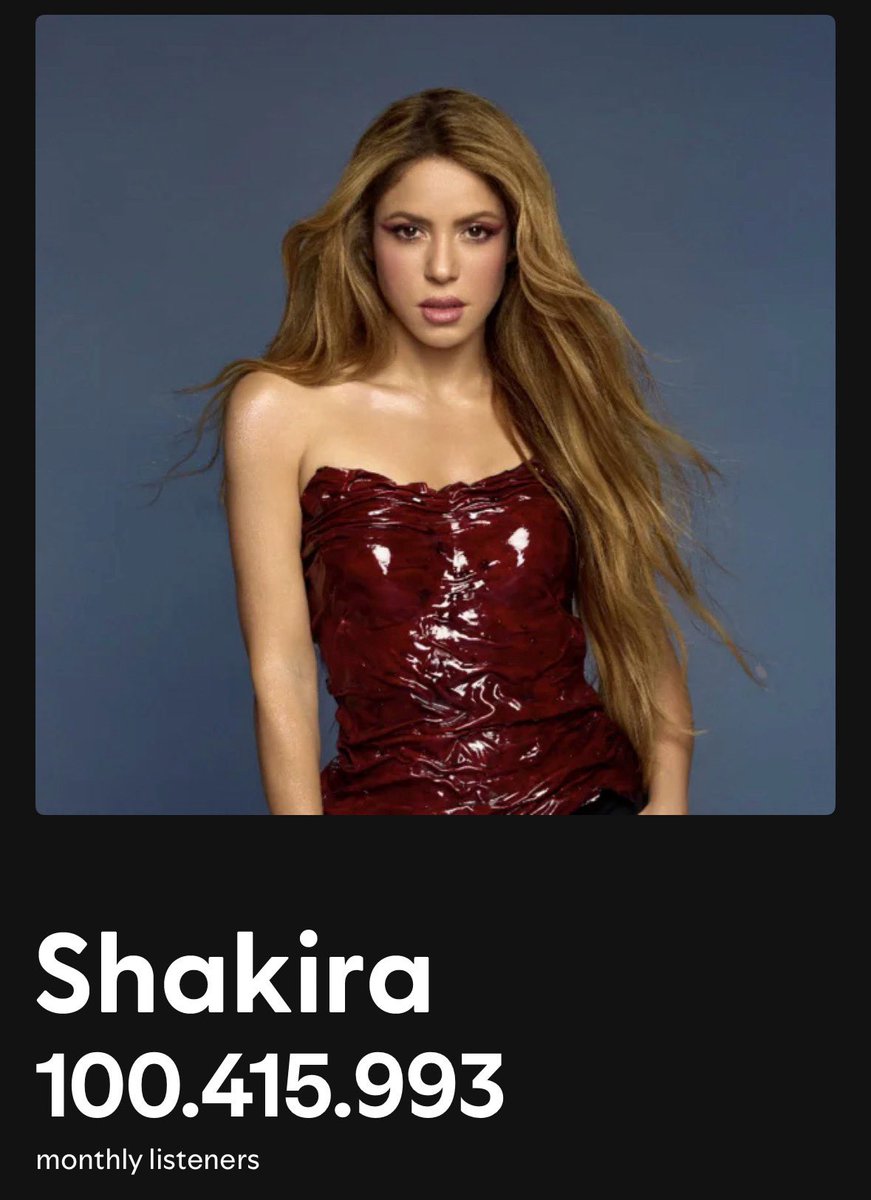 ShakiraMedia's tweet photo. For the first time in her career, @shakira has surpassed 100 million monthly listeners on @Spotify, becoming the FIRST LATIN FEMALE ARTIST EVER to reach this milestone! https://t.co/Dyodz9uqk1