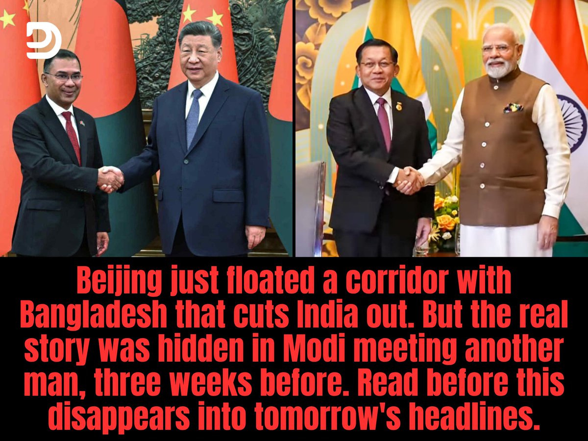 md_deepesh's tweet photo. Bangladesh's PM sat across Xi Jinping.
Beijing. 
June 23rd, 2026.

Days later, a dead name resurfaced.
BCIM Corridor.
Bangladesh-China-India-Myanmar.

Born in 1999.

India walked away after 2017,
When China folded it into the Belt and Road.

Here's the twist.
BCIM isn't official.
Not in the joint communique.

So why does an unofficial idea become a headline.

Because a headline doesn't need a treaty.
It only needs to be heard.

This is a message to Delhi.
Messages get sent when someone is rattled.

Rewind three weeks.

May 30th, 2026.
Myanmar's junta chief lands in India.
Five days.
His first trip as president.

Prime Minister Modi.
President Murmu.
Full honours.

One assurance given.
Myanmar's soil will never be used against India.

But his government holds only 35 percent of Myanmar.

The rest belongs to Arakan Army.
Kachin.
Chin.
Resistance forces.

So Delhi is playing a dual game.
Talk to the general in public.
Stay close to the men he cannot control, in silence.

India's unknown shadow, the one that never announces itself.
Indian intelligence is not new to this region.
Delhi knows exactly who holds what ground.

Three weeks after that visit, 
Beijing floats a corridor erasing India entirely.

Coincidence doesn't run on a three week clock.

China's real fear isn't Bangladesh.
It's geography.

But why does India care this much about Myanmar.
Why does China feel the heat.

The answer isn't on the surface.
It's below it.

Kachin and Shan states hold Myanmar's heavy rare earths.
Dysprosium. 
Terbium.

The elements inside every missile guidance system
Every EV motor.
Every wind turbine.

China refines 98% of the world's supply.
Outside China, the same material costs 4-6 times more.

Foreign Secretary Vikram Misri confirmed it plainly.
Rare earths came up directly between Modi and the junta chief.

Both sides agreed to stay in touch.

But Delhi isn't stopping at the general.

India is in parallel talks with the Kachin Army.
The very group that actually holds the mines.

Two tracks. 
One target.

Whoever controls the ground, controls the leverage.

Rare earth is the one vault China has not fully locked.
And India just found the key.

That is why Beijing is desperate.

That is why Beijing is poking India with a headline it cannot even sign.

So will India be shaken by a corridor that doesn't exist on paper.

India does not react to headlines.
India secures what the future will need.
Quietly, years before the world notices.

Some nations announce their power.
Bharat simply arrives.
Already holding the ground others are still fighting to reach.