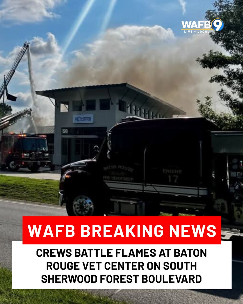 WAFB's tweet photo. Smoke was seen pouring from the roof of the Baton Rouge Vet Center as fire crews worked to extinguish flames. https://t.co/KCJYgYM7gA https://t.co/c5GjTTqwNX