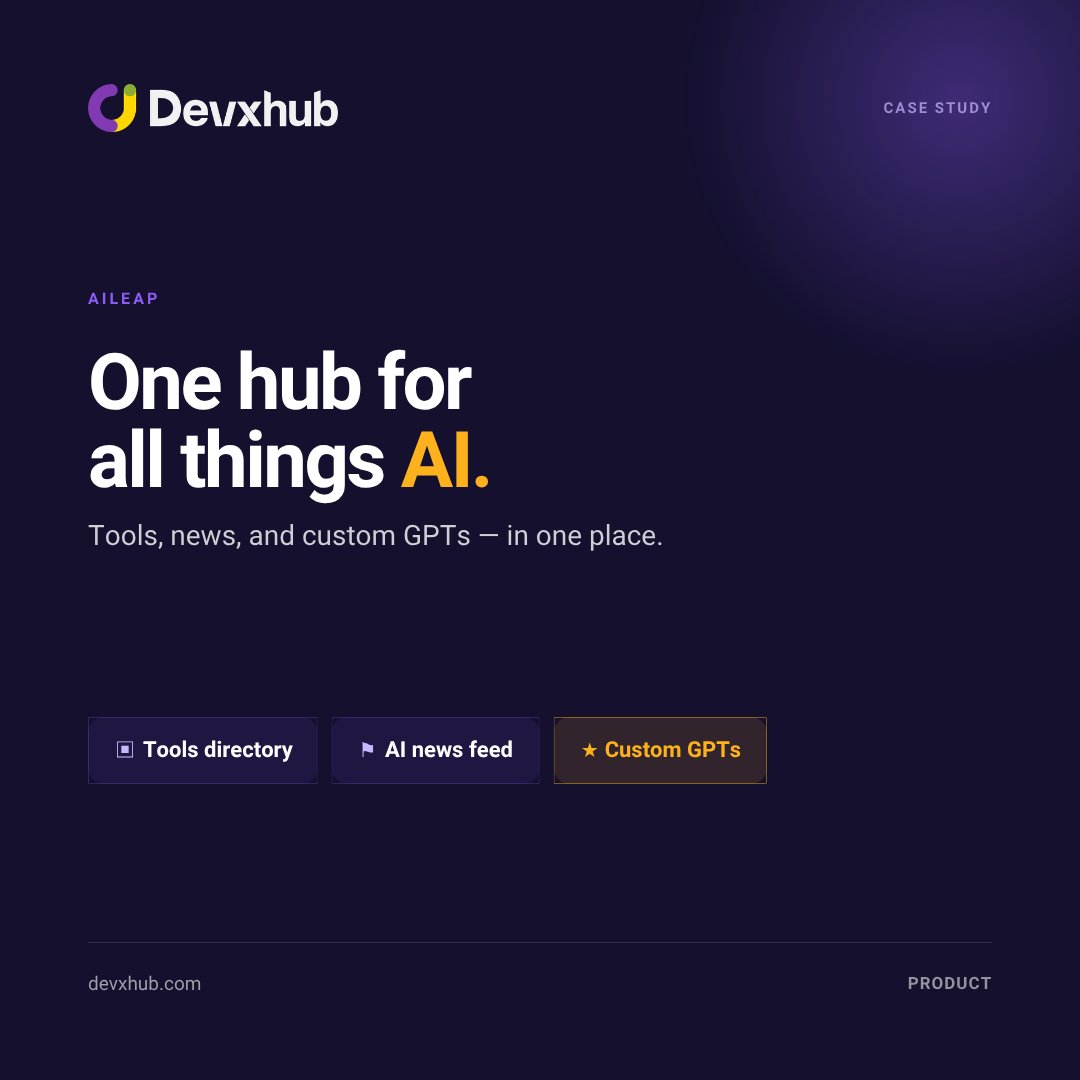 devxhubltd's tweet photo. Case study: AILEAP ๐ง
The AI world is scattered across a hundred tabs. AILEAP pulls it into one hub โ AI tools, the latest AI news, and custom GPTs, all in one place.
Clutch 5.0 ยท 200+ shipped.
https://t.co/ySun4LsML7
#CaseStudy #Devxhub https://t.co/okM5dtYj5S