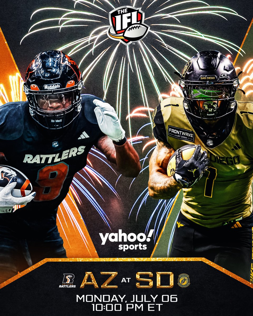 IndoorFL's tweet photo. 🎆 The holiday weekend concludes with a heavyweight showdown in the West.

The @ArizonaRattlers and @sdstrikeforce meet in a battle between two of the conference's top contenders. 🔥🏈

📺 @YahooSports https://t.co/IBPEmQTC52