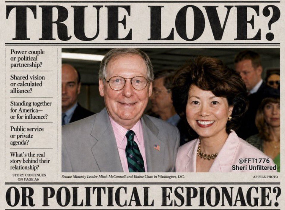 AmericaPulseNew's tweet photo. Nothing says “true love” like rushing to China the moment your husband is found unconscious and rushed to the hospital.
🚨 Questions continue to swirl around Mitch McConnell’s marriage to Elaine Chao.
Was it a genuine relationship — or a long-term political and business alliance with deep ties to China? Chao’s family has extensive shipping interests connected to Chinese operations, and she has faced repeated scrutiny over potential conflicts of interest during her time in government.
Her quick departure abroad while McConnell remains in critical condition has fueled even more speculation.

@AmericaPulseNew 

What do you think — political partnership, true love, or something more calculated? 🇺🇸