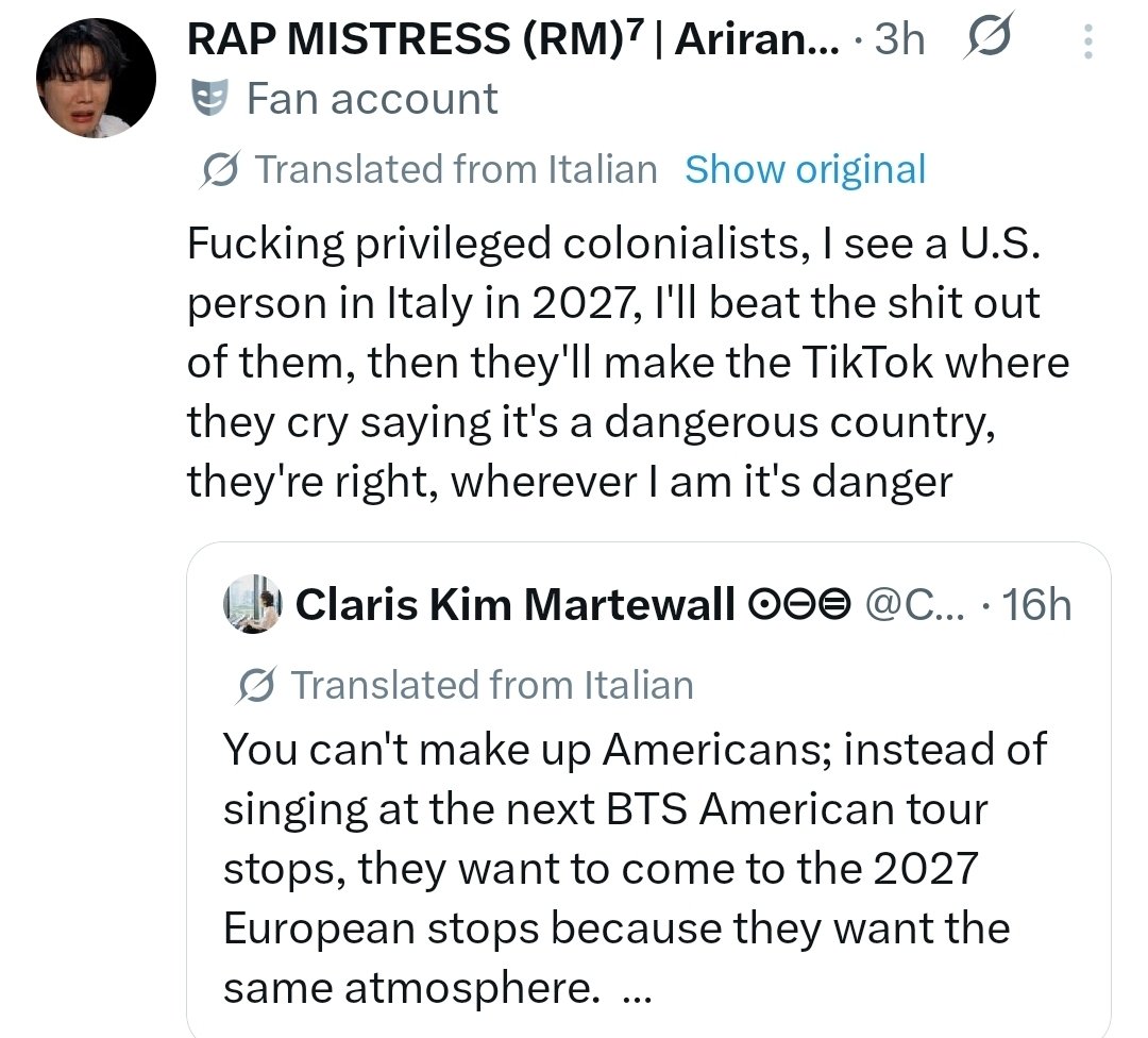 Miss_Mochi_72's tweet photo. So now we're threatening US ARMY? And, FYI, Europe colonized America. We literally just celebrated our independence from it yesterday.

The fuck is wrong with these people. And I am not calling them ARMY because this is NOT ARMY behavior. https://t.co/SyjNKegGYq