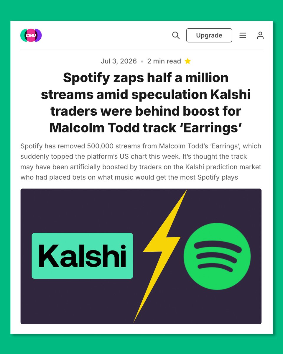 ChrisUnLimited's tweet photo. A few years ago in one of our reports for IMPALA we identified several different groups of people who were likely involved in the multi-layered problem that is streaming fraud, each with different motivations, some within the music industry, some outside of it. 

And now we may need to add another group - people who have an interest in boosting the streams of certain tracks because of bets they've made on a prediction market. So that's fun! Here's my CMU report on the new group: https://t.co/VwPjYIoG9S