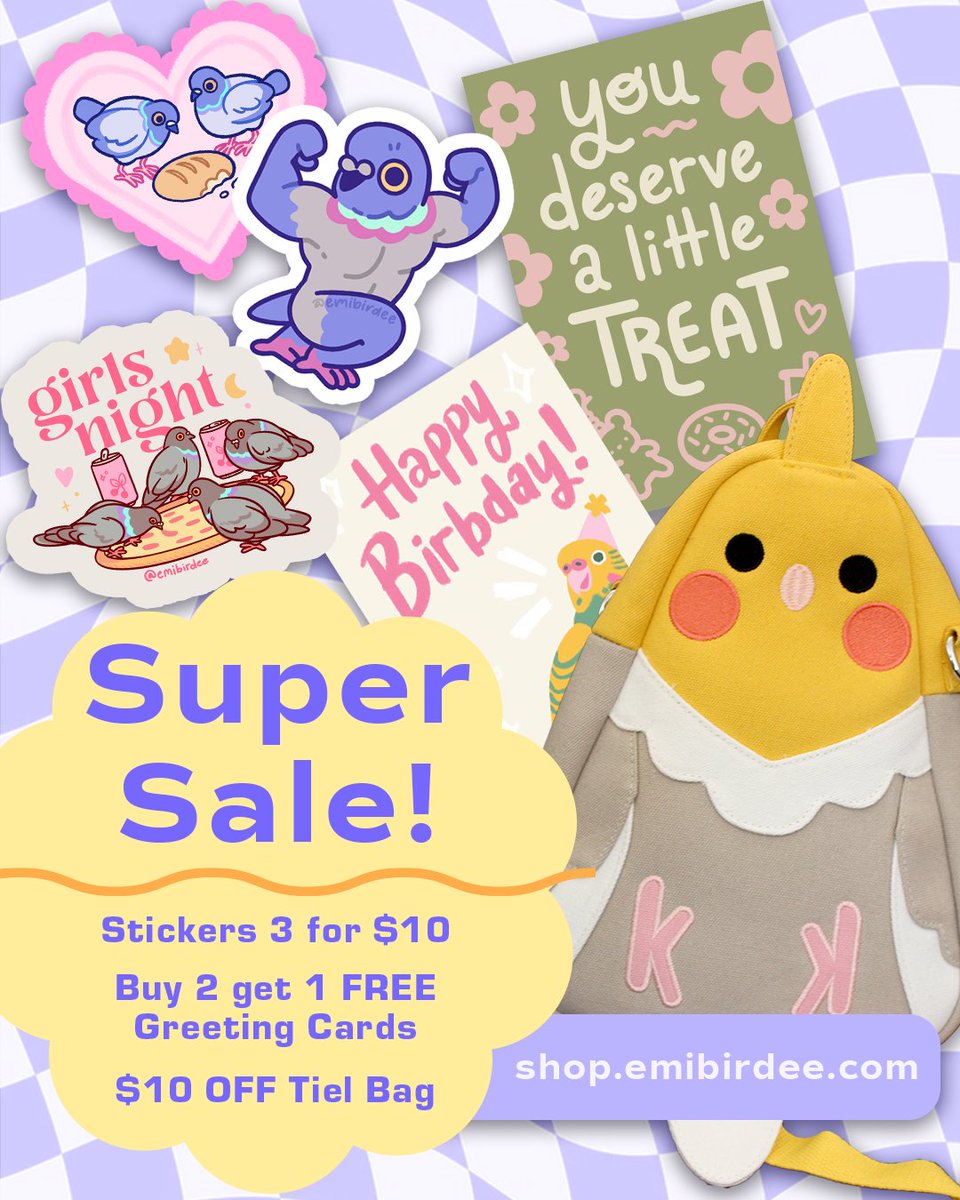 emibirdee's tweet photo. My store is back online with a huge sale until July 12th! 
💜Buy 3 stickers for $10 
💜Buy 2 Greeting Cards Get 1 FREE! 
💜$10 OFF Tiel bags! https://t.co/d6WGi5CiuS