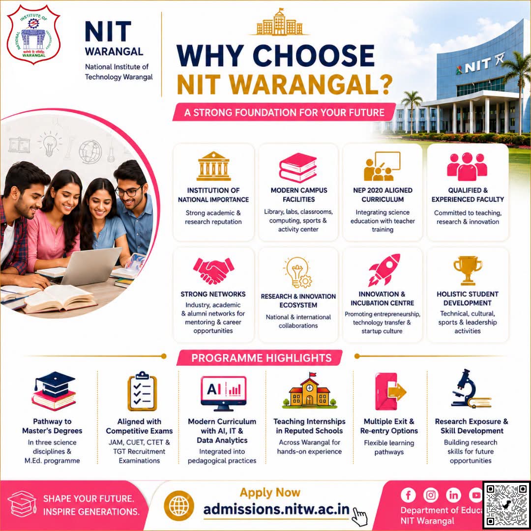 warangal_nit's tweet photo. Want to build a career in Teaching & Science
Admissions are open for the ITEP https://t.co/5lWFWXyNul. B.Ed. programme at NIT Warangal for AY 2026 -27.
Apply before 7 July 26
https://t.co/zqomQz75GC
@EduMinOfIndia @AICTE_INDIA @ugc_india
#NITWarangal #NITW #Admissions2026 #ITEP https://t.co/EULHJftYdn
