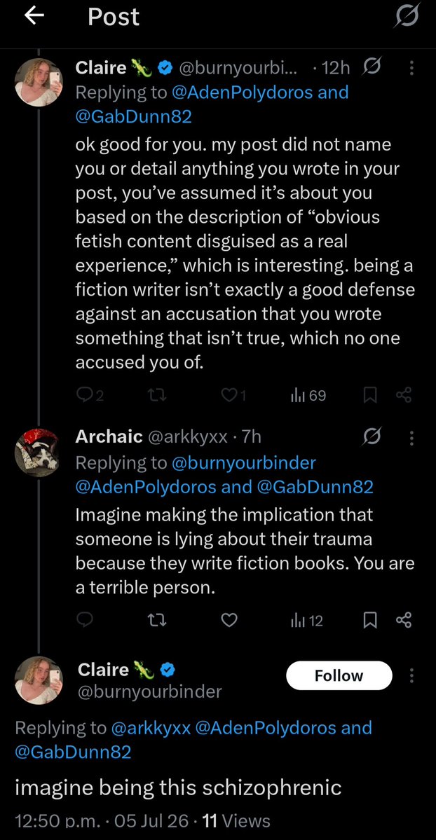 arkkyxx's tweet photo. This person is supremely nasty. Refuses to own up to their actions that have had a horrible effect on someone who was strong enough to voice their trauma...

...but calls me schizophrenic and blocks me. This was the only time we have ever (almost) interacted, as well. https://t.co/WiZ7TCY5X8