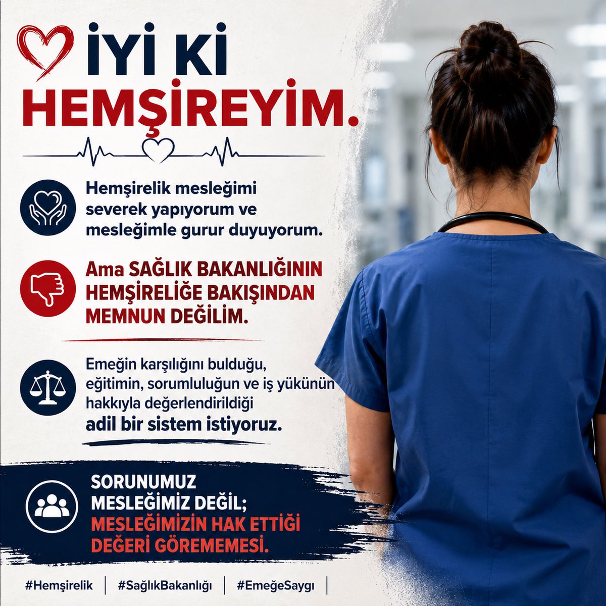 uzmannhemsire's tweet photo. Mesleğimizi seviyoruz; ancak özlük ve mali haklarımızın yok sayılmasını kabul etmiyoruz.

Mesleğimiz hakkında söz sahibi olmak, hemşireliği hemşirelerin temsil etmesini istiyoruz. Hem yöneticilerimizin hem de eğitimcilerimizin hemşire olmasını talep ediyoruz.

Birimlerde hemşire sayısının standartlara göre belirlenmesini, uzmanlık kadrolarımızın verilmesini ve keyfi yer değişikliklerinin sona ermesini istiyoruz.

Hemşirelik hizmeti dışındaki angarya işlerin üzerimize yüklenmesini kabul etmiyoruz.

Sorunlarımızı da çözümlerini de biliyoruz. Sağlık Bakanlığından beklentimiz; bizleri görmesi, sesimizi duyması ve hemşireliğin hak ettiği değeri vermesidir.
@drmemisoglu @memindemirkoltr @DrYerebakan @saglikbakanligi @bsha_ajans 
#hemşire 
#HemşirelikUzmanlıkİster