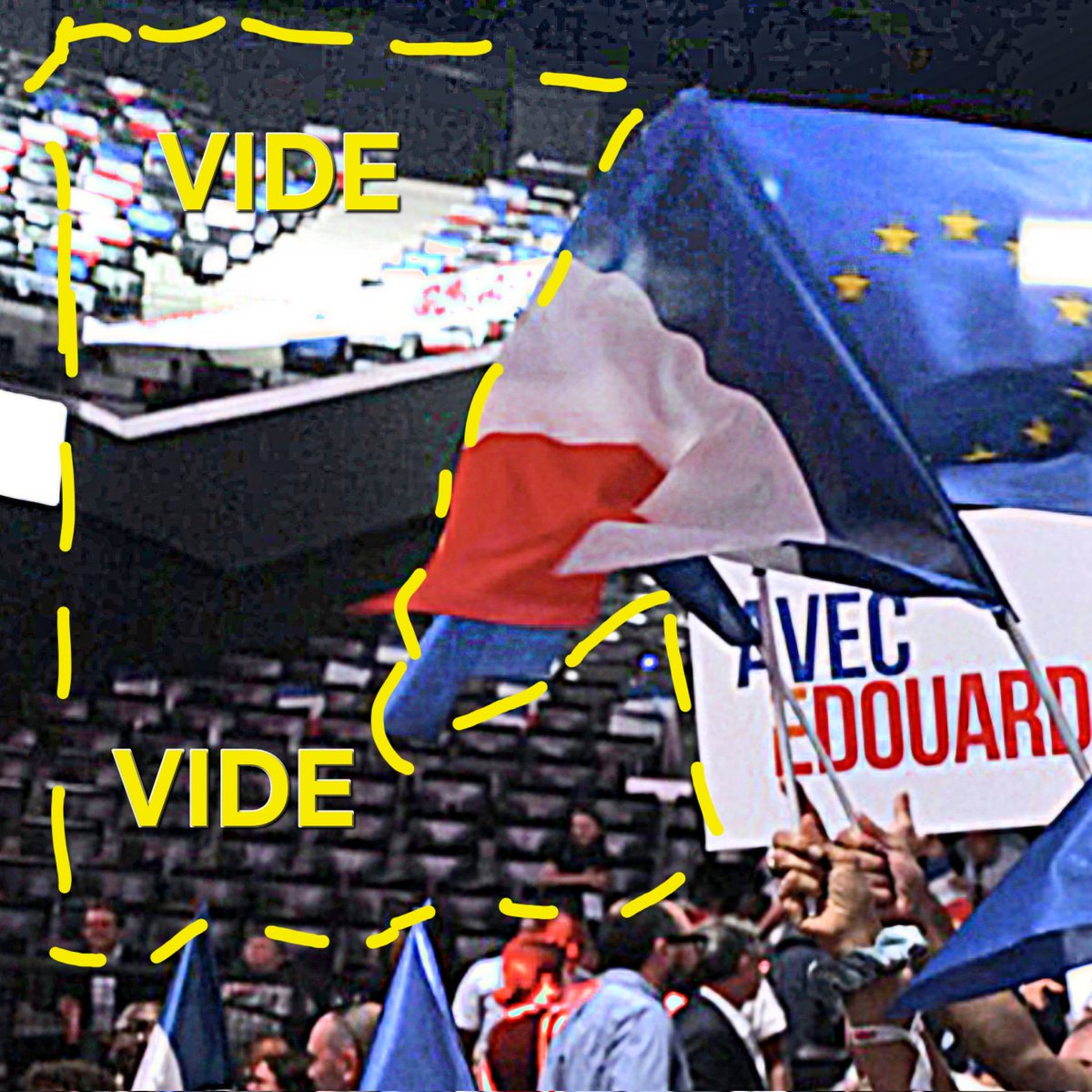 f_asselineau's tweet photo. À l'arrière-plan, dissimulées maladroitement derrière les drapeaux agités au 1er plan, toutes les travées sont vides....🤣 https://t.co/zuGvQTALKx