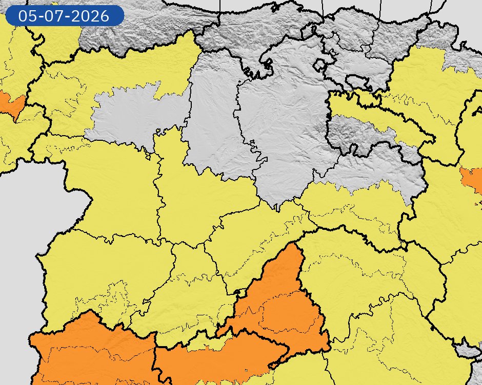 AEMET_CyL's tweet photo. 05/07 18:30 AVISOS HOY Y MAÑANA | Castilla y León: temperaturas máximas. Nivel máximo de aviso: naranja.
Actualizaciones en https://t.co/qvxyC0edHd https://t.co/vXgJBUgBzQ