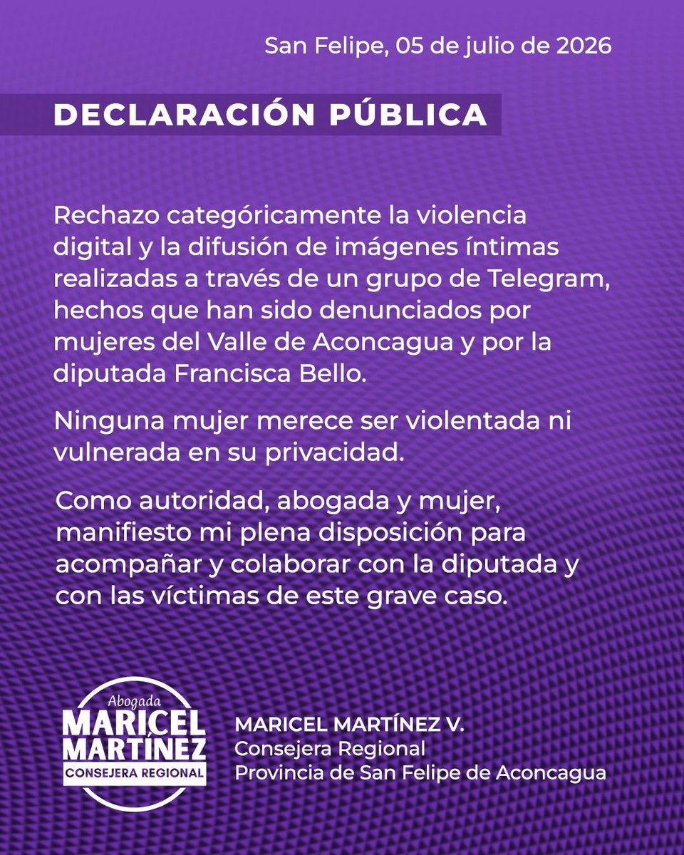 maricelmartine_'s tweet photo. ¡Ninguna mujer merece ser violentada ni vulnerada en su privacidad!

Rechazo la violencia digital y la difusión de imágenes íntimas realizadas a través de un grupo de Telegram, hechos que han sido denunciados por mujeres del Valle de Aconcagua y por la diputada Francisca Bello. https://t.co/DWjv7BBFBd