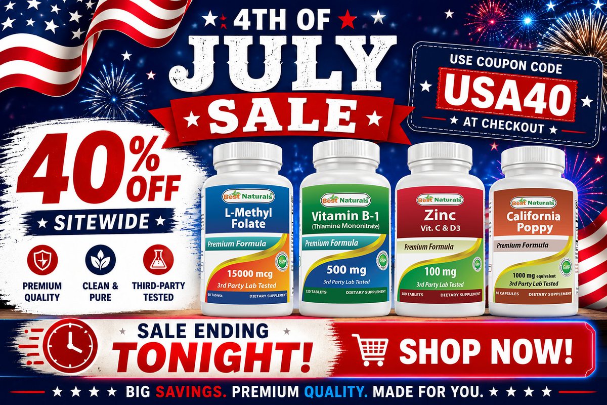bestnaturals's tweet photo. Don't miss out on our Best Naturals INDEPENDENCE DAY sale ending ๐๐๐๐๐๐๐! Use ๐๐จ๐ฎ๐ฉ๐จ๐ง ๐๐จ๐๐ ๐๐๐๐๐ to get 40% discount!
#IndependenceDaySale #LastCall #USA40 #SaveBig #HealthyLiving #ShopNow #DontMissOut #SelfCare
https://t.co/KMoGL6ztnl https://t.co/7JY61BJ0jf
