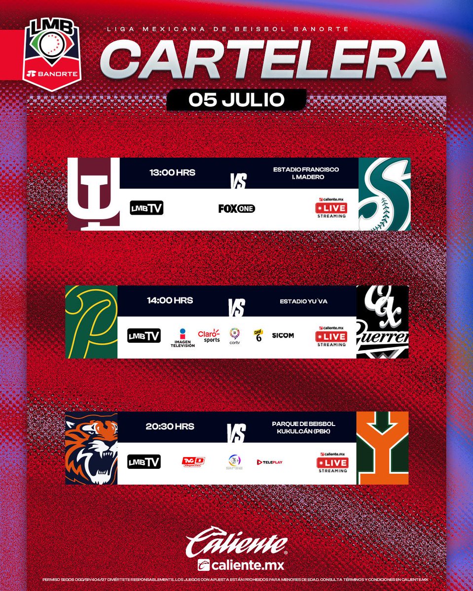LMBBanorte's tweet photo. La cartelera del día de hoy presentada por @calientesports . 🔥

Regístrate y recibe $1,000 de regalo 📲 https://t.co/t2laqQpLbb

#LaLigaFuerteDeMéxico💪🏼🇲🇽⚾️ #MásAcciónMásDiversión🔥 https://t.co/lOKvDBucx7