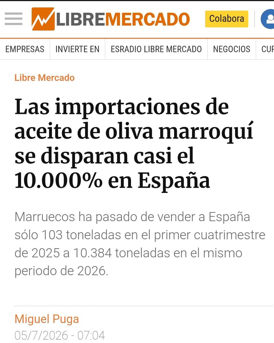 crismartinj's tweet photo. España, líder mundial en aceite de oliva, importa un 10000 % más de aceite marroquí. 
Primero arruinan al agricultor español con normas, impuestos y burocracia. Después traen el producto de fuera.
El objetivo es sustituir al productor español sin decirlo.
https://t.co/sP7GxkraRJ https://t.co/DL51GB0jKV
