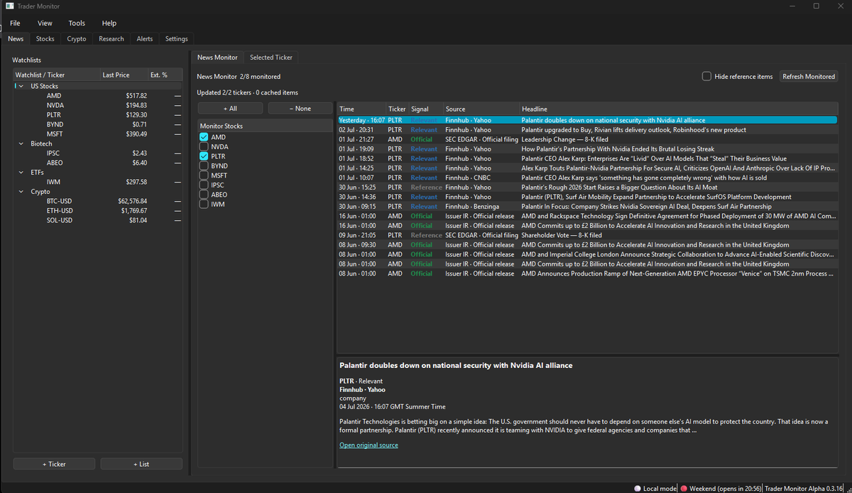 Andrejs_Silvans's tweet photo. Development of my custom market watching software is  coming along nicely. Lots to polish. Several features to add. Trend identification, desktop alerts and so much more. Wonder how far I can take this without paid APIs #stockmarket #stockalerts. https://t.co/Pa4rWsRA94