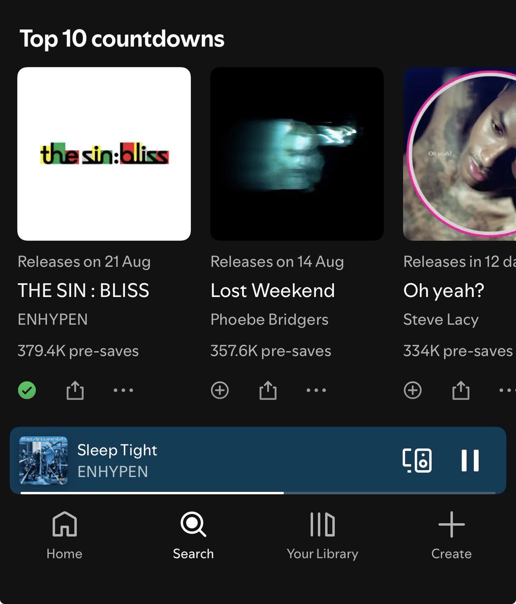 Enhagyy's tweet photo. THE SIN : BLISS remains at #7 on Spotify's Top 10 Countdown Chart with 379.4K(🔺 8.7K) pre-saves!

🔗: https://t.co/VrlggFcI3l

We are close to 400K! Please continue to pre-save and share the link across all platforms to spread the word‼️‼️ https://t.co/wstrhABExp