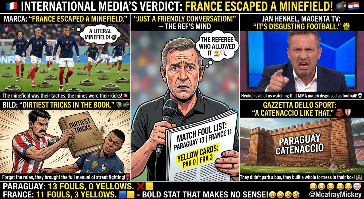 McafrayMickey's tweet photo. Tell me the referee had a Paraguay bet without telling me he had a Paraguay bet... 🤡📉 
13 fouls and walking away cleaner than Harry Kane’s trophy cabinet! 😭 #FRA #PAR https://t.co/9GUqsWw9hb