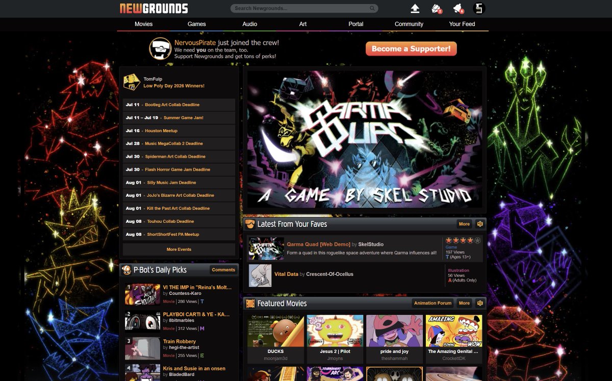 SkelStudio's tweet photo. The @Newgrounds front page is fully decked out for the Premiere of the @QarmaQuad free Web Demo!

Try out the game yourself now 👇
https://t.co/rpjH2Sr1Nk https://t.co/pTgW4iolNZ