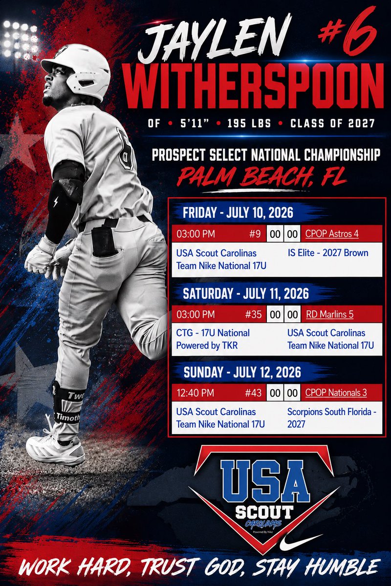 JaylenW2027's tweet photo. Excited to compete this week at the Prospect Select National Championship in Palm Beach, FL with USA Scout Carolinas Team Nike National 17U.

Coaches if you’re in the area, I’d love for you to stop by.

2027 OF/ 1B | 5’11” | 195lbs | 
📍Palm Beach, FL
📅 Schedule below

@PSBaseballinc @USASCOUTGA @coachbecoats @WFTitanBaseball 

#2027Grads #BaseballRecruiting #Uncommitted #Outfielder #ProspectSelect