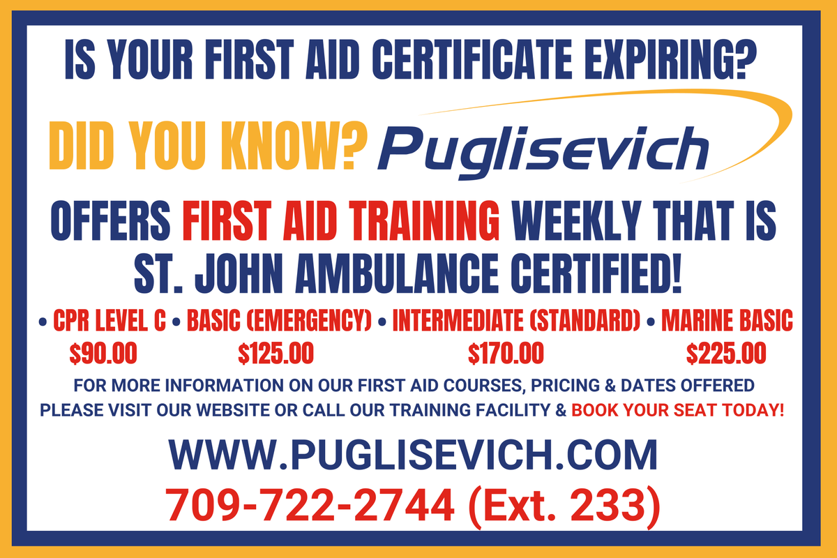 PCSLNL's tweet photo. Did you know?
Puglisevich Offers First Aid Training courses Weekly!
CPR-LEVEL C • BASIC (EMERGENCY) • INTERMEDIATE (STANDARD) • MARINE BASIC
For more information on pricing &amp; dates offered visit our website/call https://t.co/yTC2WWAKfW • 709-722-2744 (233)
BOOK A SEAT TODAY! https://t.co/cHnLHHb4qS