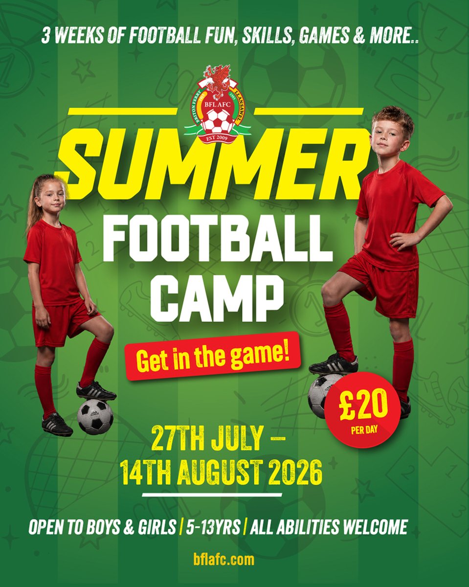 bflafc's tweet photo. REDS SUMMER FOOTBALL CAMP 2026 ⚽
3 Week Camp - 27th July - 14th Aug
Join us this summer for three weeks of football, fun and friendship at our Summer Football Camp, delivered by qualified Briton Ferry Llansawel AFC coaches.

Open To Boys & Girls | 5-13yrs  | All abilities welcome
10am - 2pm

Camp includes:
- Fun football games and coaching sessions
- Small-sided matches and tournaments
- Skills challenges and competitions
- Team-building activities and new friendships
- Daily awards and recognition

£20 a day | £80 full week

Limited Availability
Visit https://t.co/k9byhnDCCo to book
#RedsSummerCamp